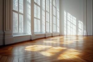 A bright and spacious interior with elegant wooden flooring and large windows, creating patterns of light and shadow. photo