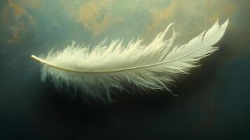 A delicate white feather gracefully rests on a textured background, capturing a serene and calming atmosphere. photo