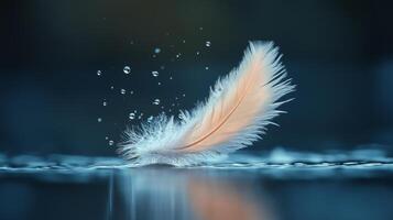 Delicate white feather gracefully floating on water with droplets, creating a serene and tranquil atmosphere. photo