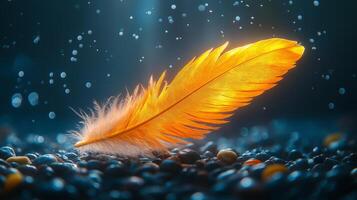 A vibrant orange feather gracefully floats above colorful pebbles underwater, creating a serene and ethereal atmosphere. photo