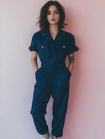A young Asian woman in a stylish blue jumpsuit, striking a confident pose against a soft pink background. photo