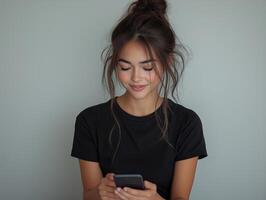 Young woman with long hair smiles while texting on her smartphone against a soft gray background. photo
