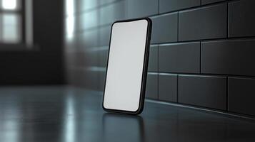 A sleek, modern smartphone with a blank screen leaning against a dark tiled wall, creating a minimalist and contemporary vibe. photo