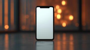 A sleek modern smartphone stands alone against a warm, bokeh-lit backdrop, highlighting its minimalist design. photo