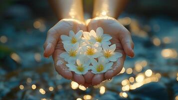 A pair of hands holding delicate white flowers above sparkling water, symbolizing purity and tranquility. photo