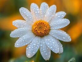 A close-up of a white daisy flower, adorned with glistening water droplets, set against a soft, warm background. photo