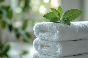 A stack of soft white towels topped with a fresh green leaf, creating a serene spa-like atmosphere. photo