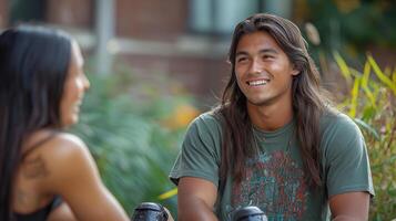 A cheerful young man of mixed heritage shares a laugh with a friend outdoors, surrounded by lush greenery. photo