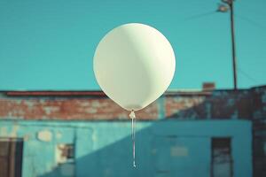 A single white balloon gently floats against a vibrant blue sky backdrop, evoking a sense of nostalgia and whimsy. photo