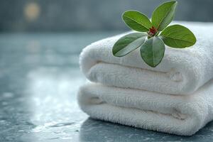 Two neatly stacked white towels adorned with a fresh green leaf, creating a serene and calming spa atmosphere. photo