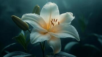 Elegant white lily flower with droplets, surrounded by green foliage, creating a serene and calming atmosphere. photo