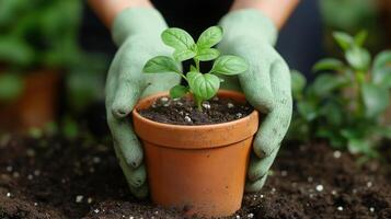 A gardener with gloved hands nurturing a young plant in a terracotta pot. photo
