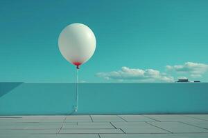 A solitary white balloon gently sways against a turquoise sky, creating a whimsical contrast with the modern architecture below. photo