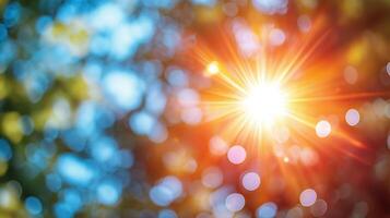 A vibrant sunburst shining through a kaleidoscope of colorful foliage, creating a dreamy, whimsical atmosphere. photo