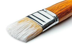 A close-up of a high-quality paintbrush featuring a wooden handle and soft bristles, ideal for artistic painting. photo