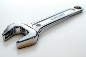 A polished chrome adjustable wrench resting on a clean surface, showcasing its shine and precision for mechanical tasks. photo