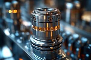 A close-up of a sleek, metallic camera lens with intricate detailing and a warm glow illuminating its features. photo