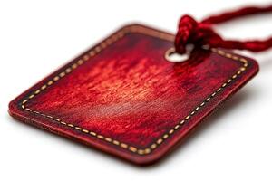 Close-up of a reddish-brown leather tag with decorative stitching and a red string. photo