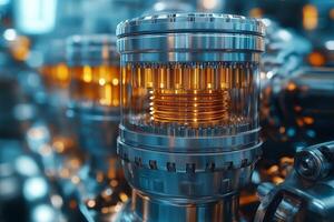 Close-up of a futuristic metallic engine component with glowing orange elements, showcasing intricate detailing and modern design. photo