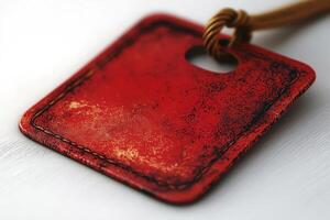 Close-up of a worn, red leather tag with a rustic charm, showcasing texture and a natural aging process. photo