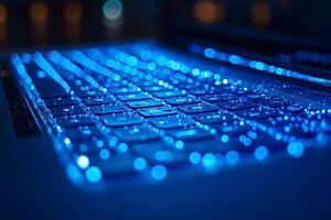 A close-up of a laptop keyboard illuminated in blue tones, with water droplets creating a captivating, abstract effect. photo