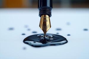 A close-up of a fountain pen nib poised over a pool of black ink, showcasing intricate details and a reflective sheen. photo