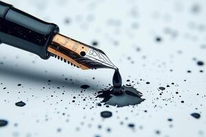 A close-up of a fountain pen nib with black ink drop, highlighting elegance and artistry in writing. photo