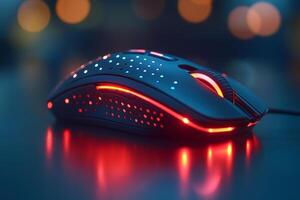 Close-up of a sleek gaming mouse with colorful LED lights, showcasing modern design and technology. photo