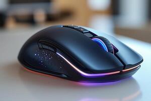 A sleek black gaming mouse with customizable RGB lights, designed for precision and performance. photo