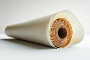Close-up of a rolled sheet of parchment paper, showcasing its smooth texture and warm tones against a minimalist background. photo