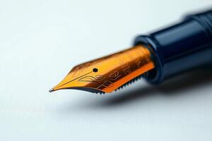 Close-up of a luxurious fountain pen nib, showcasing intricate details and a vibrant orange color. photo