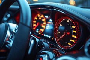 Close-up of a modern car dashboard with illuminated gauges showcasing speed and engine performance. photo