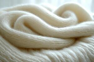 A close-up of creamy white knit fabric, showcasing the soft, luxurious texture and intricate patterns of the weave. photo