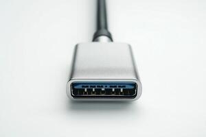 Close-up of a sleek USB connector showcasing a modern, metallic design with a clean background. photo