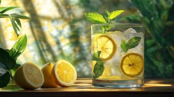 Refreshing lemonade with mint and lemon slices garnished in a glass, perfect for summer days. photo