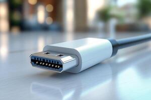 Close-up of a USB cable connector, showcasing its sleek metallic design and intricate details. photo