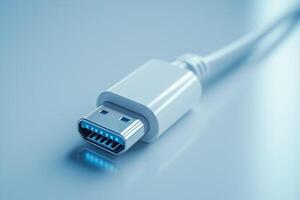 Close-up of a USB Type-C connector on a sleek, reflective surface. photo