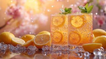 Refreshing lemonade with lemon slices and mint, served in tall glasses, surrounded by ice and fresh lemons. photo
