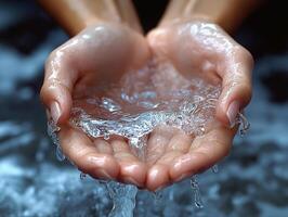 A close-up of a pair of hands, gently catching shimmering water droplets, showcasing the beauty of nature. photo