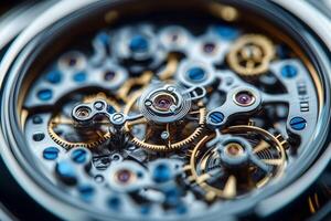 A close-up view of a detailed mechanical watch movement, showcasing its intricate gears and craftsmanship. photo