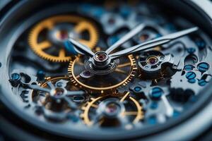 Close-up of an intricate mechanical watch showcasing a blend of silver and gold gears. photo