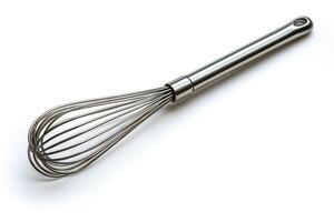 A stainless steel whisk showcased on a clean white background, ideal for blending and mixing ingredients in cooking. photo