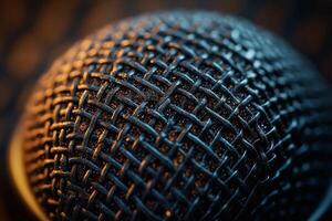 Close-up of a professional microphone mesh, showcasing intricate texture and details under warm lighting. photo