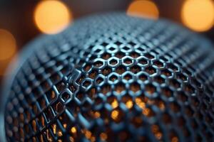 Close-up shot of a metallic microphone grille with soft, warm bokeh lights in the background, creating a dynamic and artistic ambiance. photo