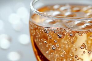 Close-up of a sparkling drink in a glass, featuring vibrant bubbles and a warm golden hue. photo