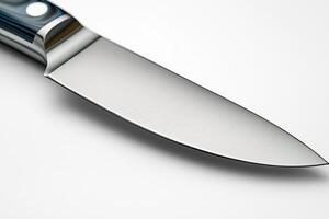 Close-up of a sleek kitchen knife with a polished blade and a stylish handle, perfect for culinary enthusiasts. photo