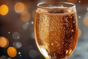 A sparkling glass of golden champagne filled with bubbles, set against a warm, blurred background of golden lights. photo