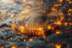 A close-up of a Bitcoin on a textured surface illuminated by warm, glowing lights, symbolizing digital currency and modern finance. photo