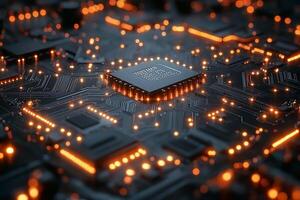Close-up of a modern microchip surrounded by glowing circuitry, showcasing intricate details and a futuristic vibe. photo