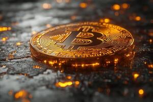 A close-up view of a glimmering Bitcoin coin with a textured surface, set against a fiery, illuminated background. photo